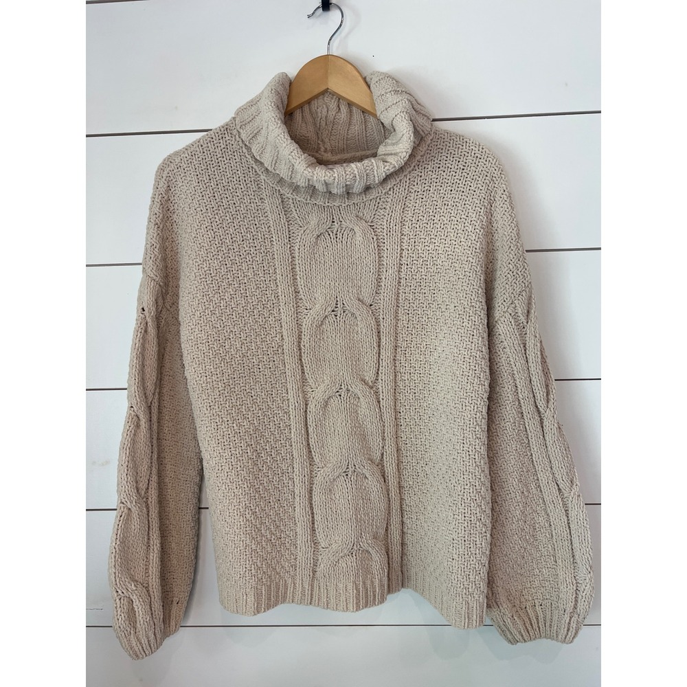 Seven7 Women Beige Cable Knit Turtleneck Chenille Sweater Medium Cottagecore